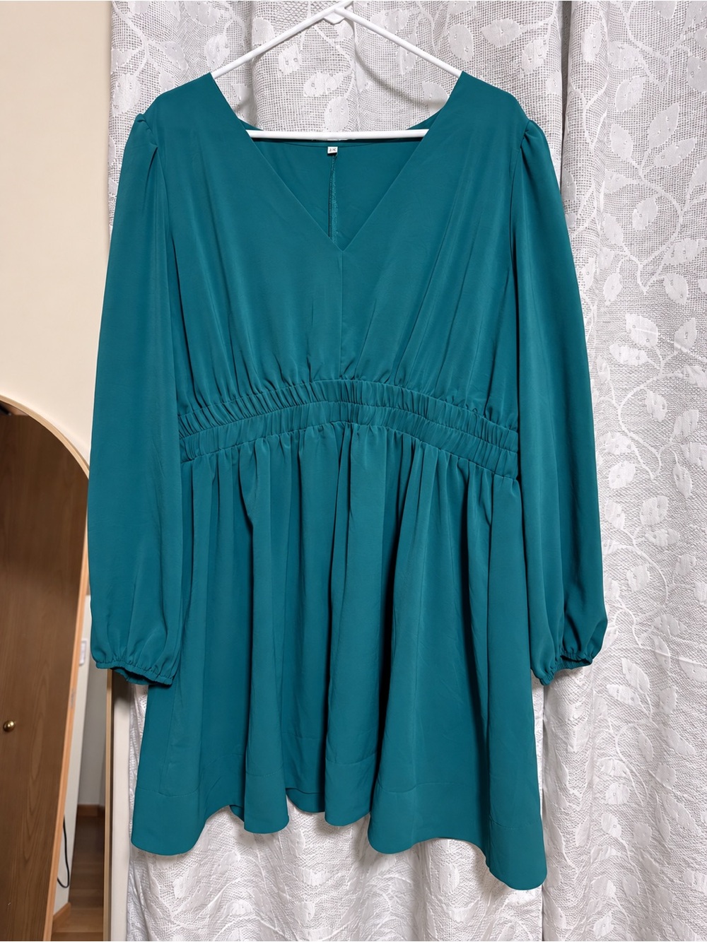 Teal V-Neck Long Sleeve Empire Waist Dress - Brand Not Visible